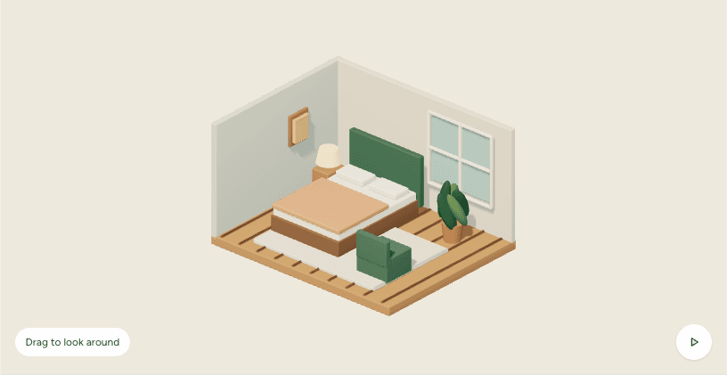 An illustrated bedroom with a bed, armchair and large window