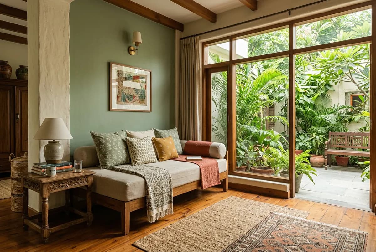 A sunlit lounge opening onto a lush courtyard
